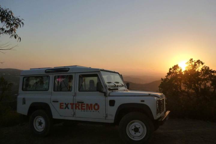 a group of people riding a jeep with a sunset in the background
