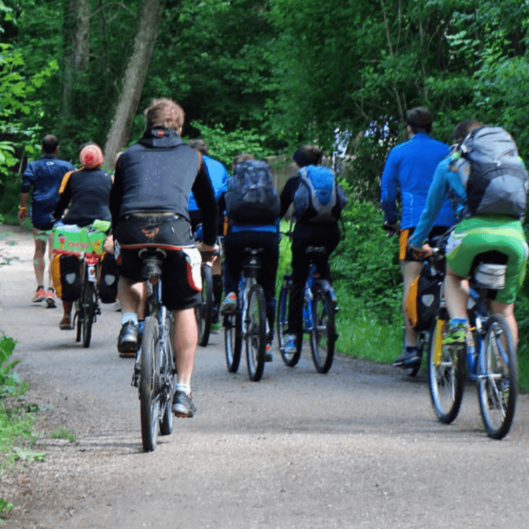 a group of people riding bicycles