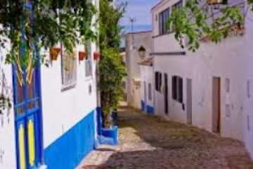 Narrow cobblestone street with white buildings and colorful doors, plants and blue sky overhead.
