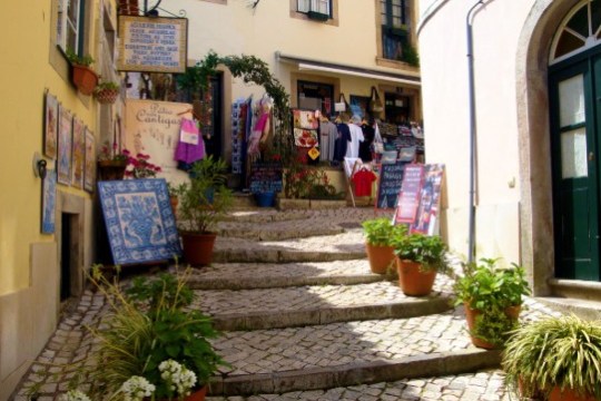 Cobblestone steps with potted plants and shop displays in a quaint alleyway.