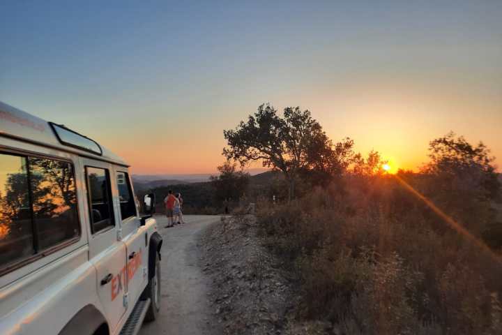 Jeep on dirt road with people watching sunset, surrounded by trees.