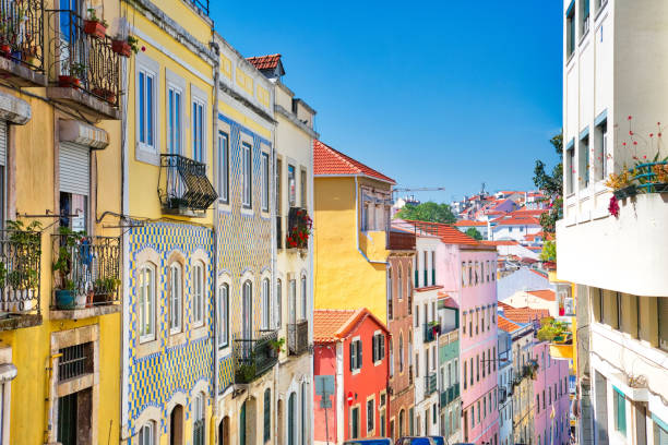 Colorful buildings on a sunny street with clear blue sky.