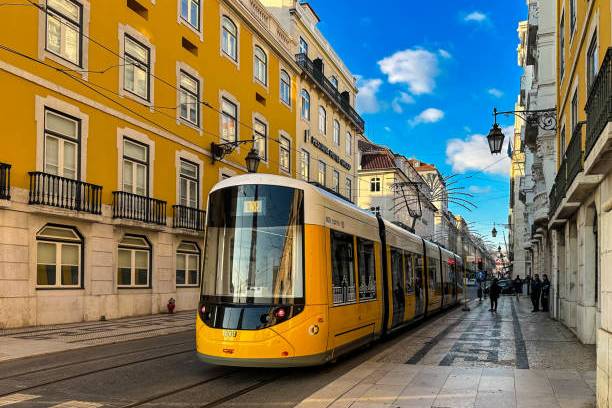 Yellow tram on a street lined with colorful buildings under a blue sky in Lisbon.