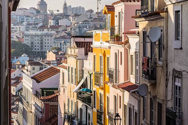 Colorful hillside buildings in Lisbon, Portugal with distant cityscape and clear sky.