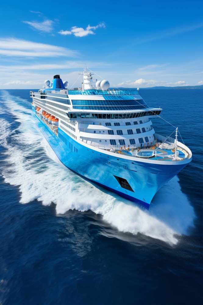 Large blue cruise ship sailing through the ocean on a clear day.